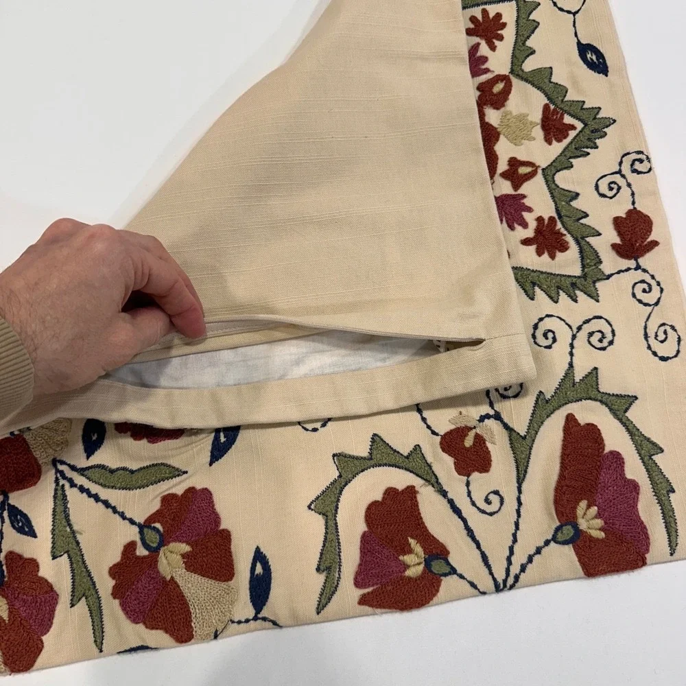 Pottery Barn Floral Crewel Embroidered Pillow Cover 20x20 Beige Multi Boho Decor
